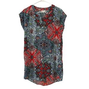 Freeway Women's Mini Bold Shift Dress Red Blue Paisley Cap Sleeve S Small